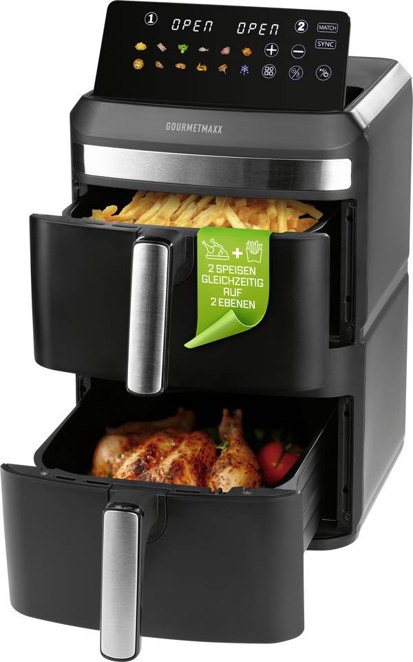 GourmetMaxx 16818 horkovzdušná fritéza 12 l 2800 W nepřilnavý povlak, bez BPA, Cool touch pouzdro, Digitální časovač, funkce grilování, horkovzdušný, multifunkční, recirkulační funkce, ochrana proti přehřátí, s displejem černá, nerezová ocel