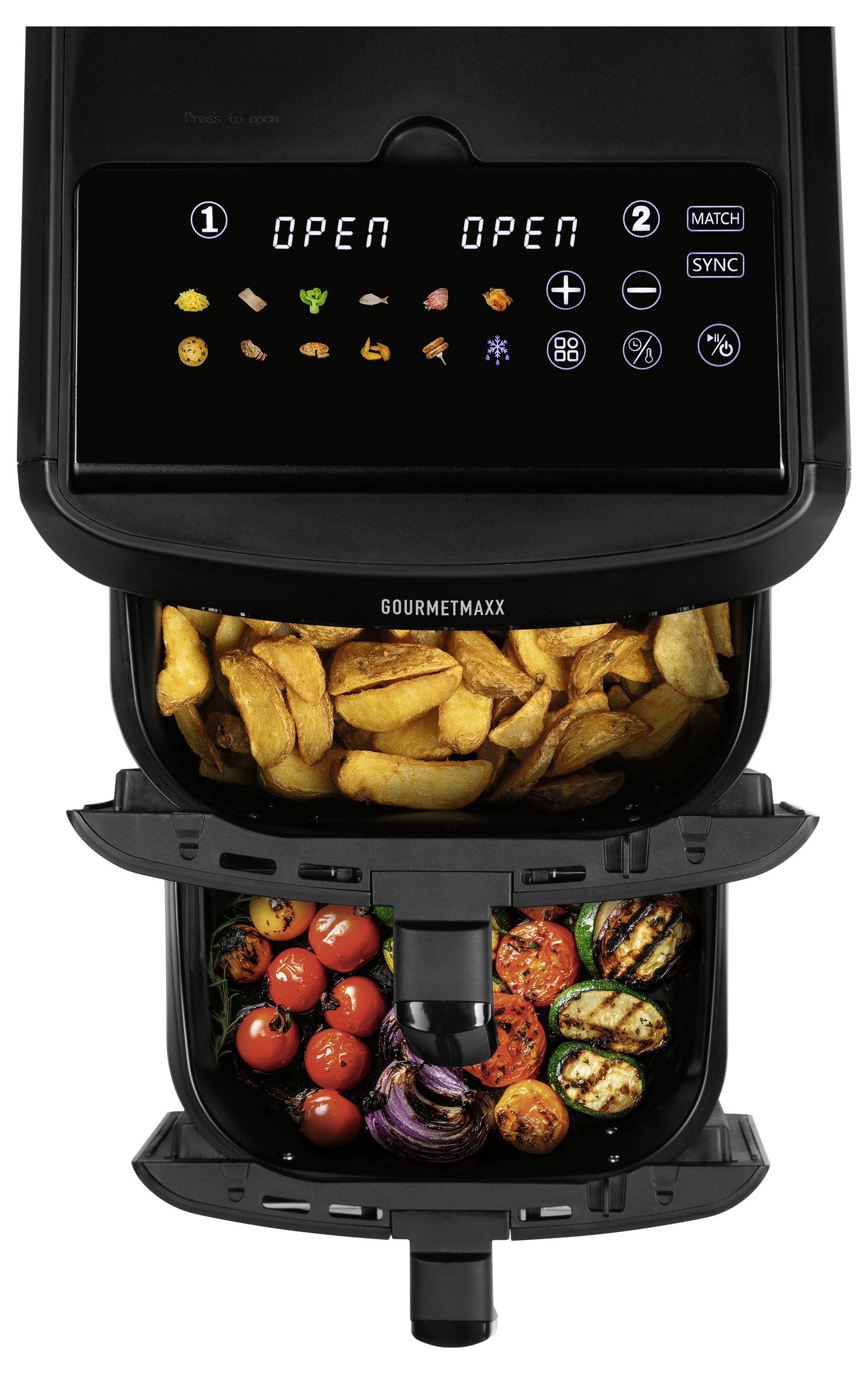 Fritéza se dvěma košíky a digitálním displejem, každá strana nastavena na 200 °C, zobrazující různé ikony jídel. Dvě rukojeti ukazují oddělené varné prostory.