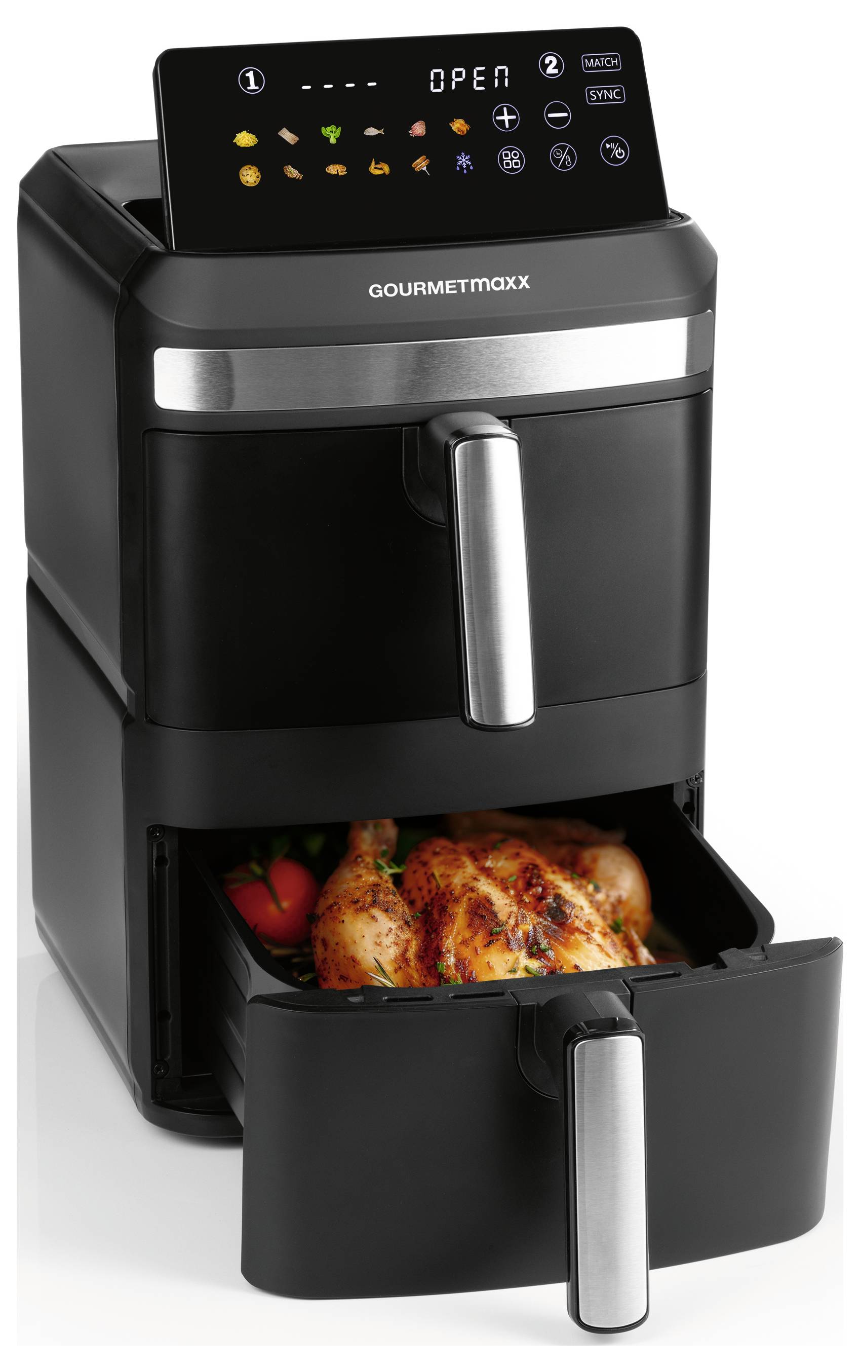 'GOURMETmaxx FryUp XL' horkovzdušná fritéza se 2 fritovacími koši, kapacitou 12 litrů, dotykovým displejem. Vhodná pro rodinu až pro 10 osob.