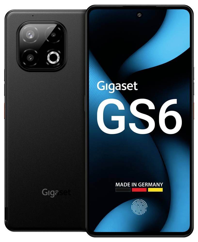 Smartphone Gigaset GS6, pohled zepředu zobrazující displej s logem značky a ikonou otisku prstu, pohled zezadu ukazující trojitou sestavu fotoaparátů.