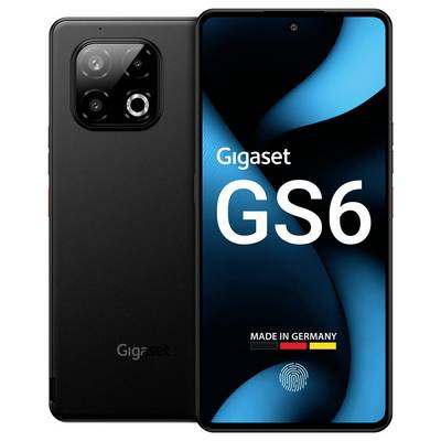 Smartphone Gigaset GS6, pohled zepředu zobrazující displej s logem značky a ikonou otisku prstu, pohled zezadu ukazující trojitou sestavu fotoaparátů.