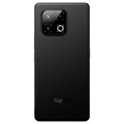 Černý smartphone pohledem zezadu, s elegantním designem a čtvercovým fotoaparátem v levém horním rohu. Na zařízení je viditelná značka 'Gigaset'.