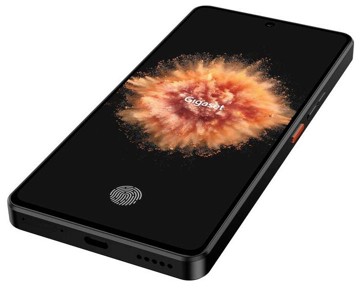 Chytrý telefon s nápisem 'Gigaset' na obrazovce, zobrazující grafiku oranžové exploze. Ve spodní části je viditelná ikona otisku prstu.