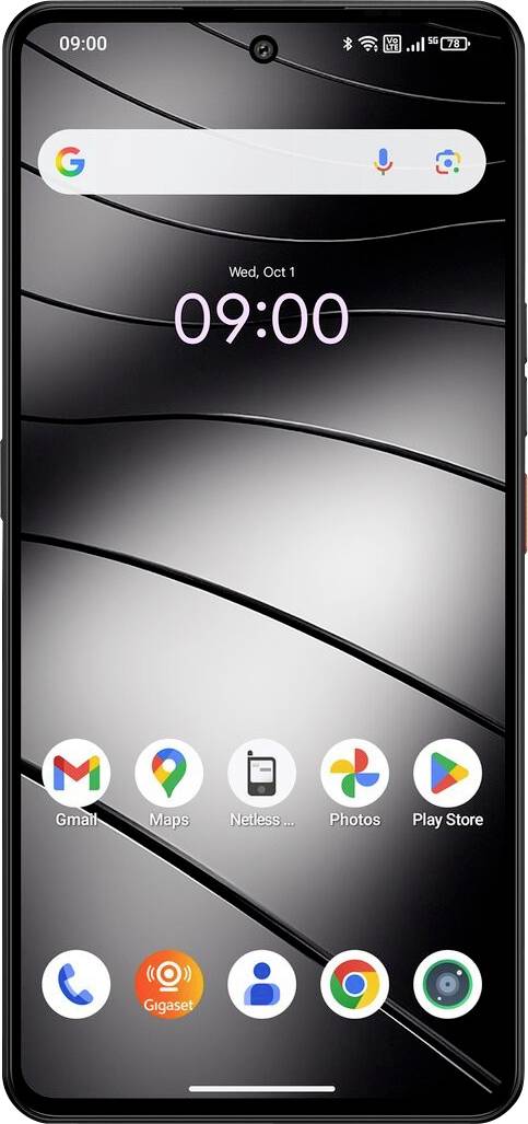 Displej smartphonu zobrazující čas 09:00 a datum, s ikonami aplikací Gmail, Mapy, Poznámky, Fotografie, Obchod Play a dalšími na elegantním černém pozadí.