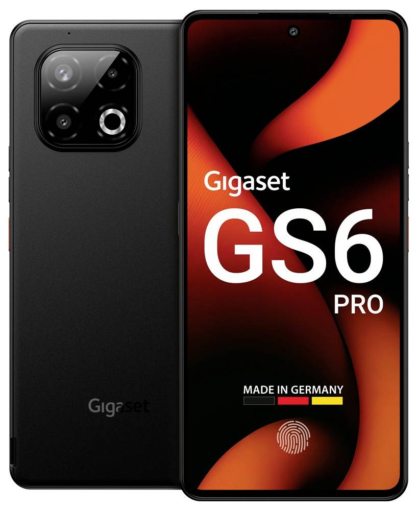 Smartphone Gigaset GS6 Pro, černý s duální kamerou. Displej zobrazuje text 'Gigaset GS6 PRO' a 'Made in Germany'.