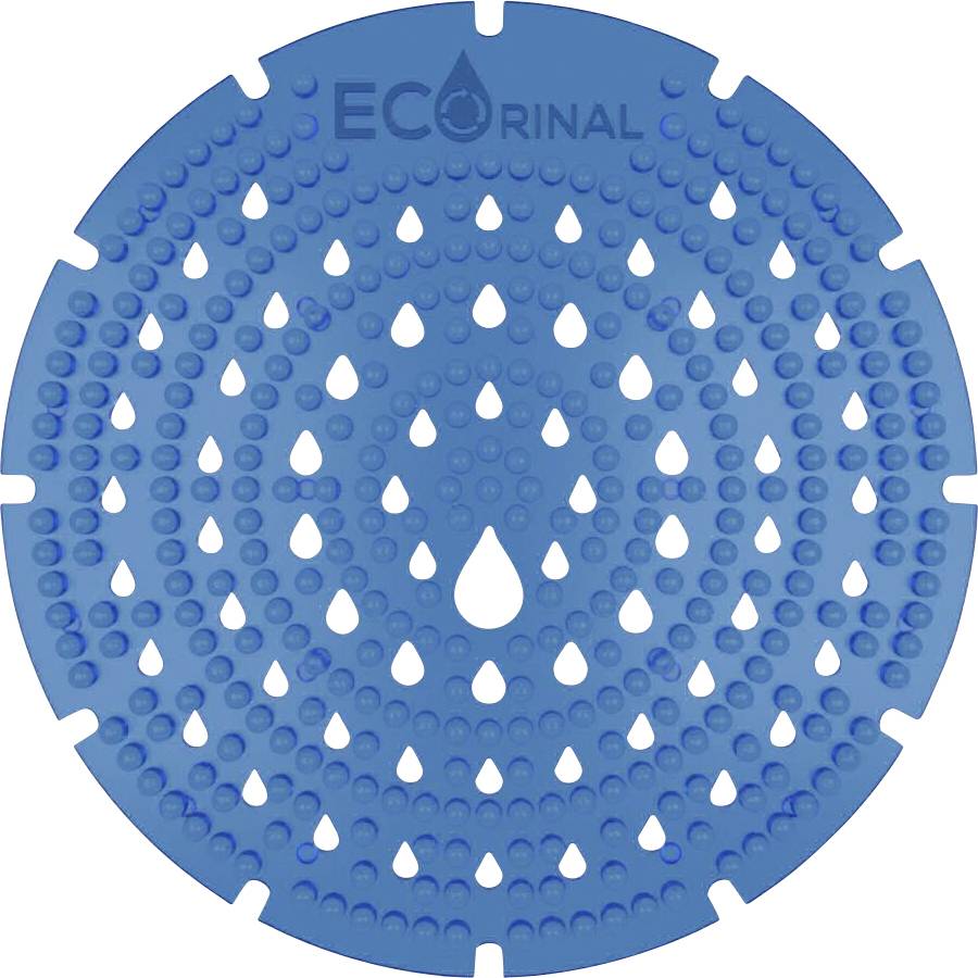 Modrý kruhový pisoárový filtr s motivem vodních kapek a textem 'Eco Urinal' nahoře.