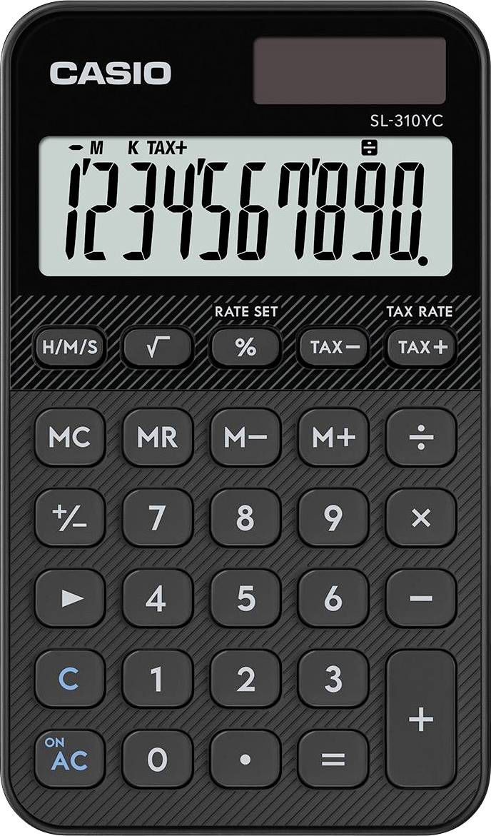 Černá kalkulačka Casio SL-310YC zobrazující čísla '1234567890' na displeji, s běžnými funkčními tlačítky pod ním.