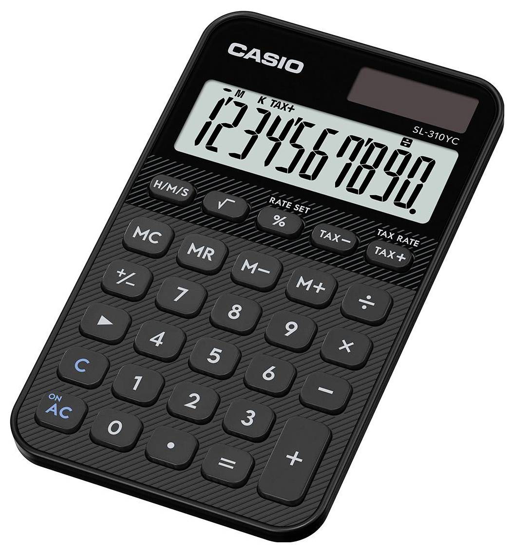 Černá kalkulačka Casio zobrazující čísla '1234567890' na svém displeji. Kalkulačka má několik funkčních tlačítek a solární panel.