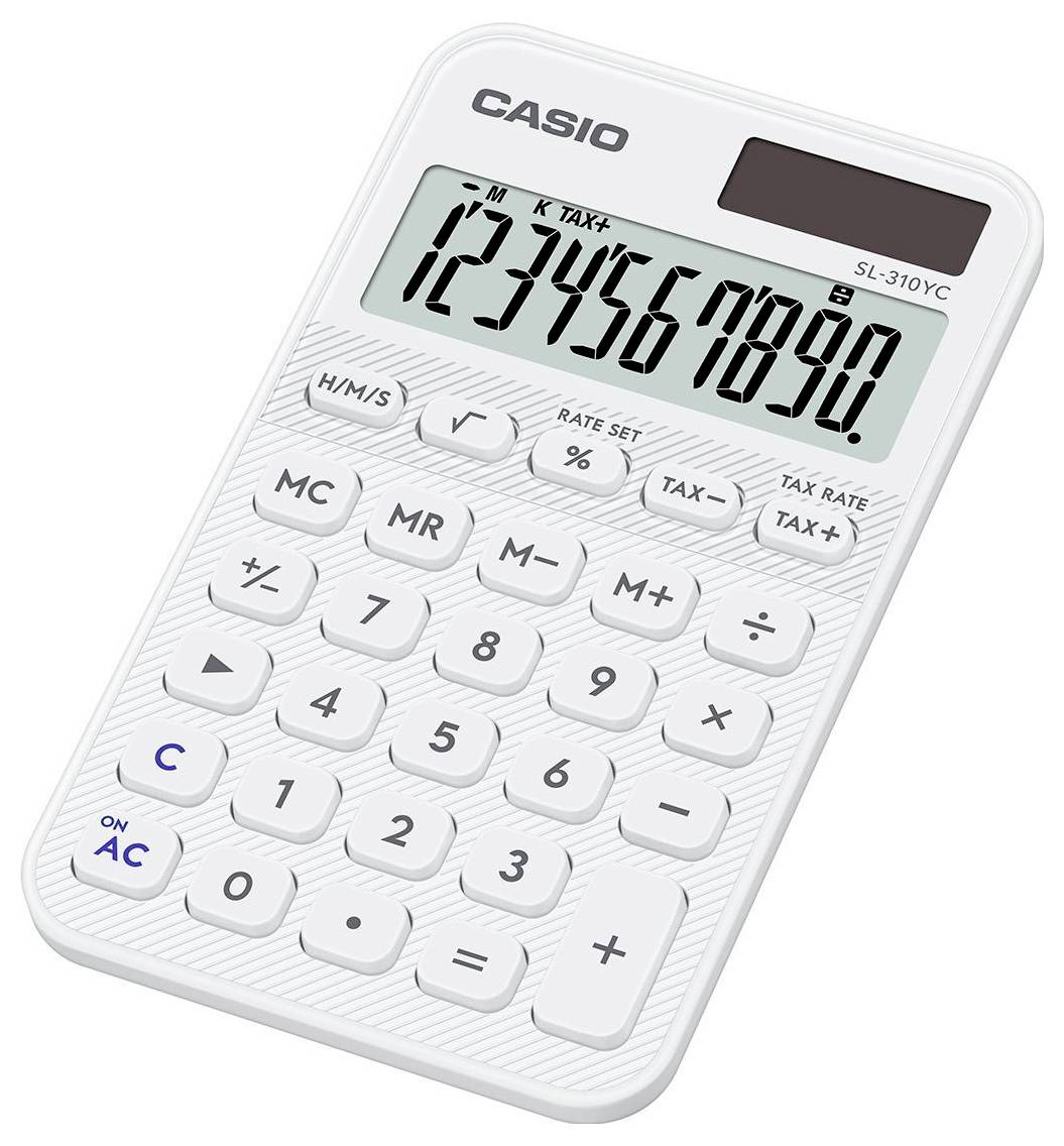 Bílá kalkulačka Casio s digitálním displejem zobrazujícím číslice '1234567890' a různými funkčními tlačítky.