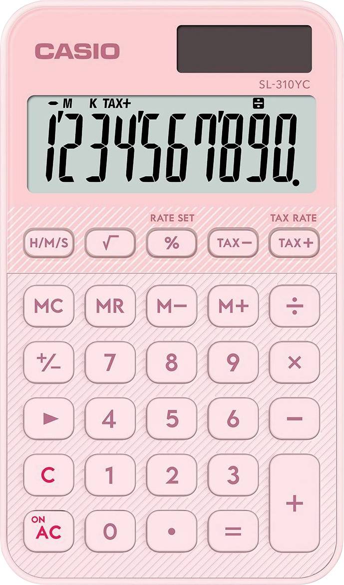 Růžový kalkulátor Casio model SL-310YC zobrazuje čísla '1234567890' na displeji se standardními tlačítky pod ním, včetně daňových funkcí.
