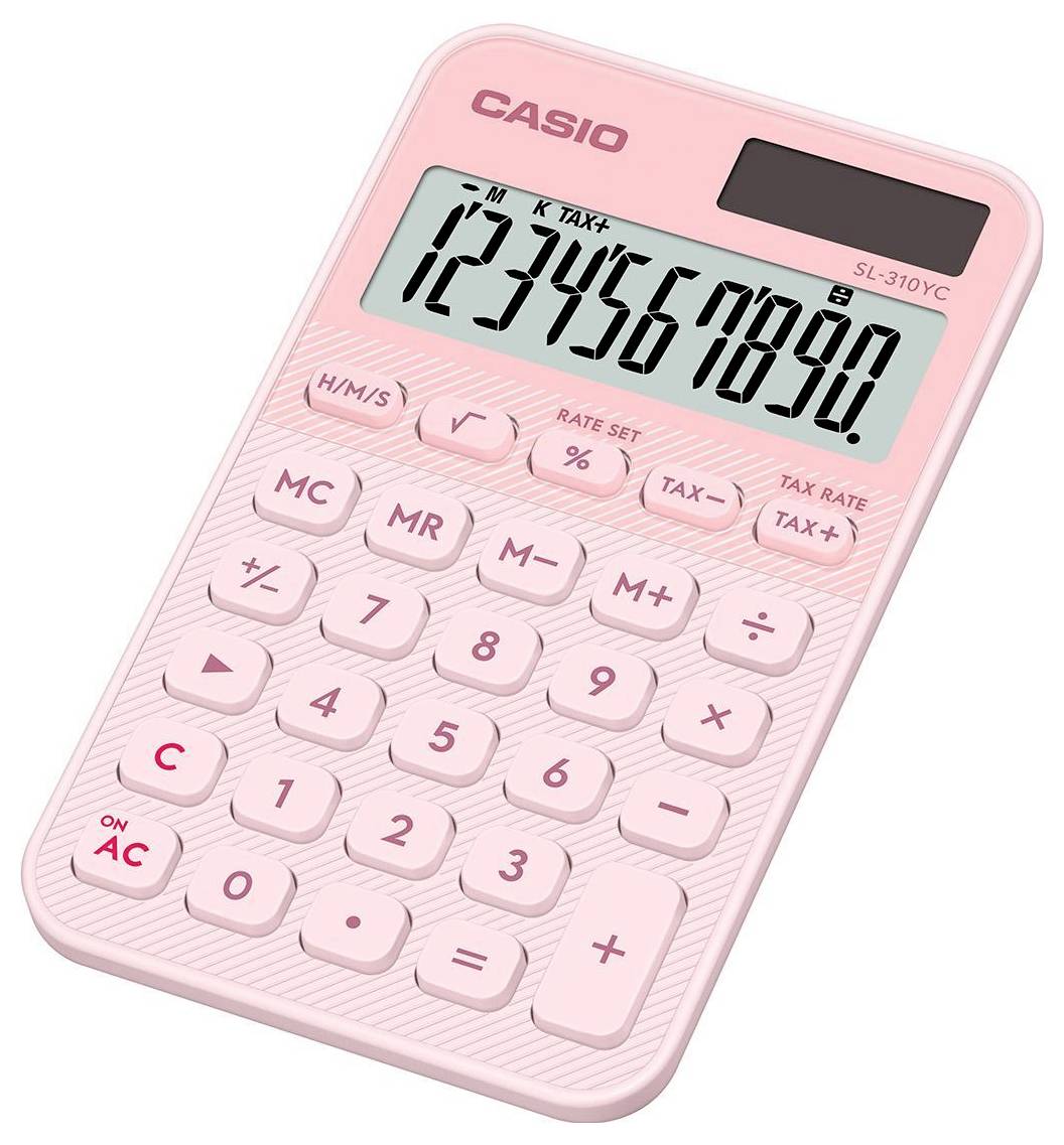 Růžová kalkulačka Casio SL-310YC zobrazující čísla '1234567890' na displeji, s běžnými tlačítky a možnostmi výpočtu daní.