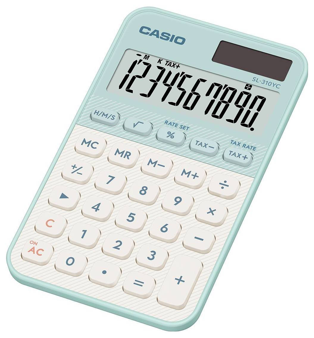 Světle modrý kalkulátor Casio model SL-310YC zobrazuje na displeji čísla '1234567890'. Má bílé tlačítka se základními funkcemi.
