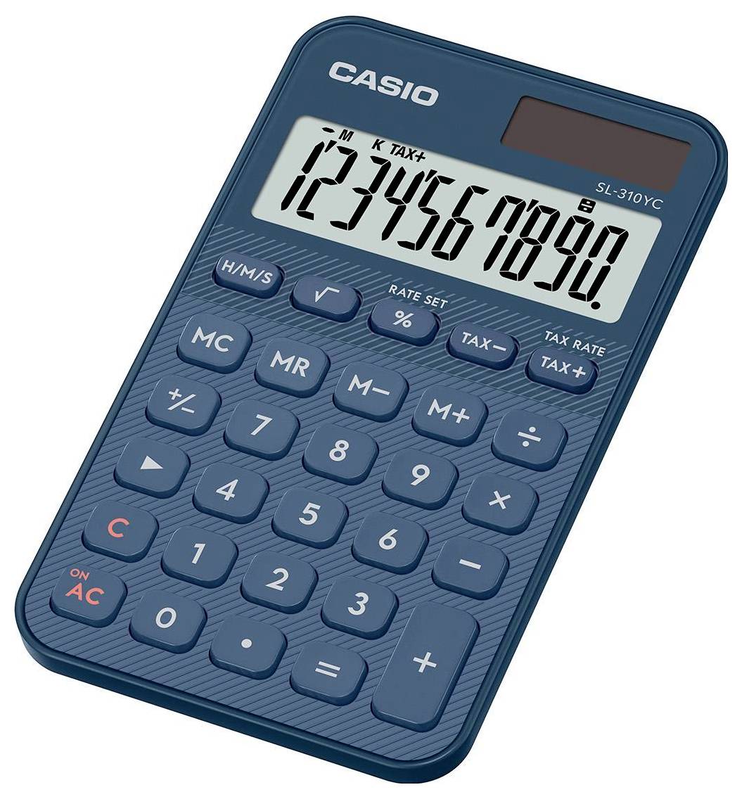 Kalkulačka Casio SL-310VC zobrazující čísla 1234567890. Mezi funkce patří solární napájení, výpočet daní a základní aritmetické operace.