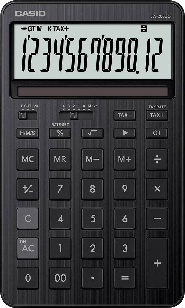 Černá kalkulačka zobrazující na displeji '1234567890.12', vybavená numerickými a funkčními tlačítky pro aritmetické operace.
