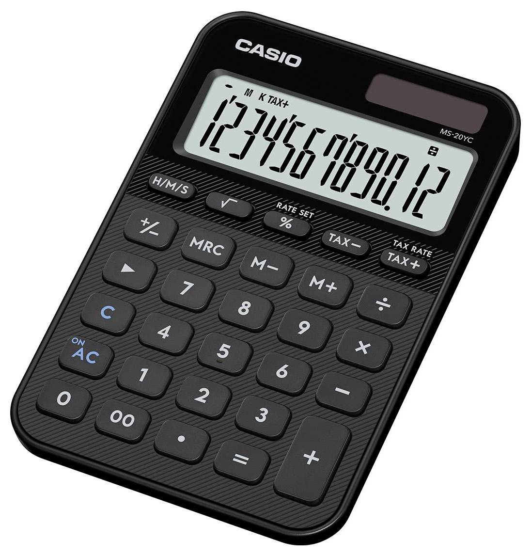 Černá kalkulačka Casio zobrazující čísla '1234567890.12' na displeji, s tlačítky pro základní aritmetické operace a daňové funkce.