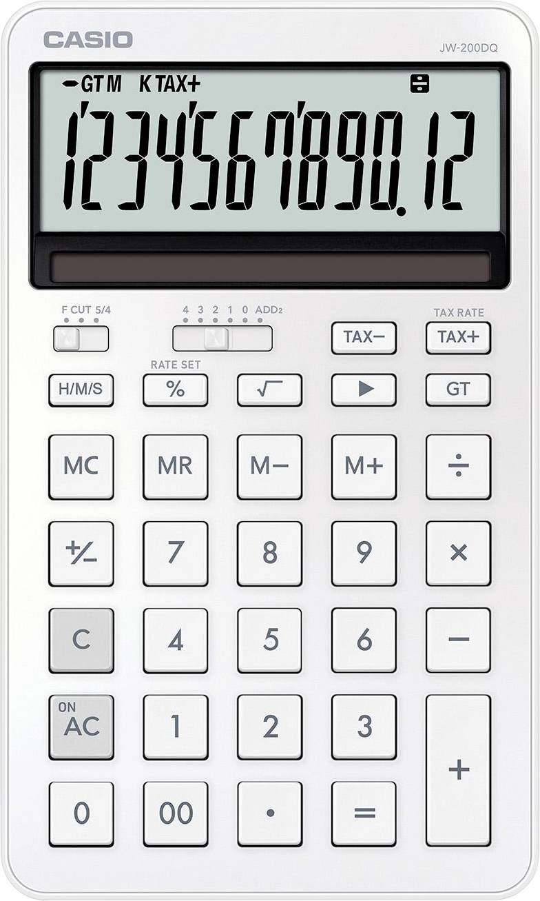 Bílá kalkulačka zobrazuje na displeji čísla '1234567890,12'. Má různé funkční tlačítka, včetně daňových a paměťových operací.