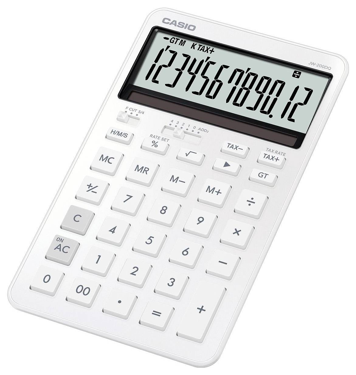 Kalkulačka Casio s velkým displejem zobrazujícím čísla 1234567890,12, která zahrnuje standardní numerickou klávesnici a několik funkčních tlačítek.