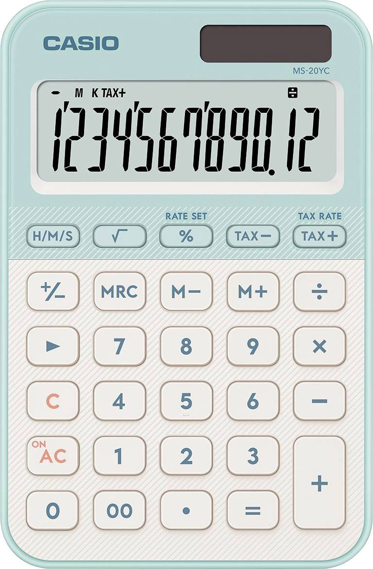 Modrá kalkulačka Casio MS-20YC zobrazující '1234567890.12'. Disponuje základními aritmetickými tlačítky a tlačítky pro výpočet daně.