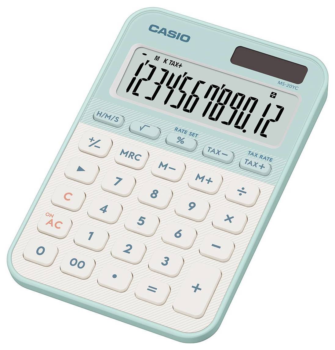Světle modrý kalkulátor s velkými tlačítky a displejem zobrazujícím '1234567890,12'.