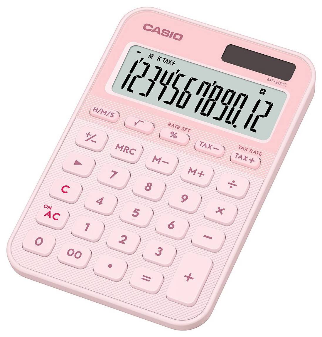 Růžový kalkulátor s digitálním displejem zobrazujícím '1234567890.12'. Má základní funkce včetně sčítání, odčítání a paměťové funkce.
