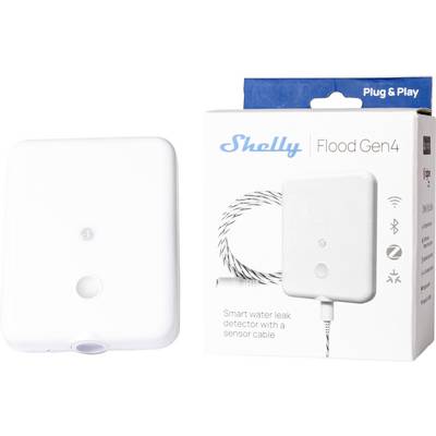 Detektor úniku vody 'Shelly Flood Gen4' s inteligentním senzorem a připojeným senzorním kabelem, zobrazený vedle své originální krabice. Obal zvýrazňuje funkci plug & play.