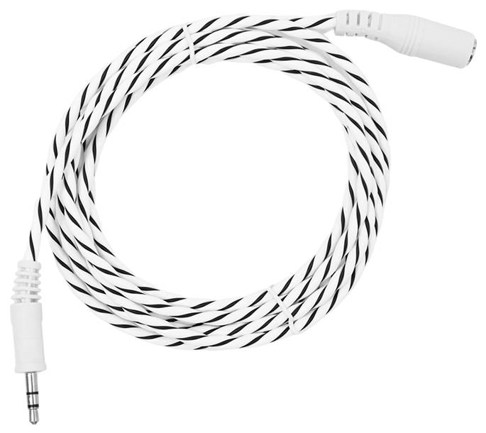 Stočený černobílý pruhovaný audio kabel s 3,5mm jackem na jednom konci a zásuvkou na konci druhém, vhodný pro připojení sluchátek.
