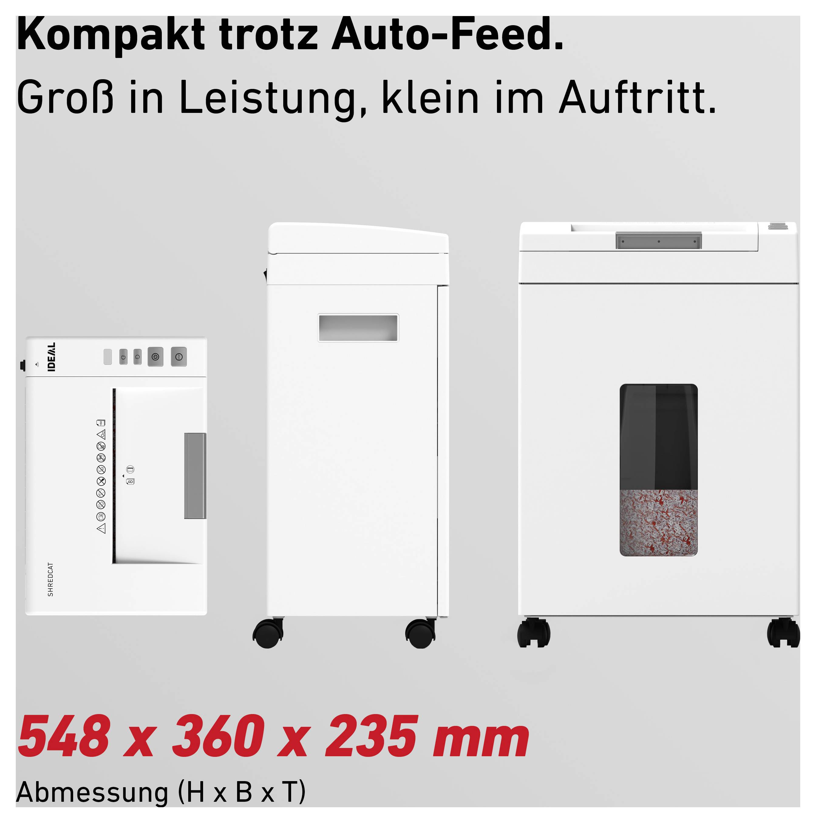 Reklamní obrázek se třemi kompaktními zařízeními. Text nahoře: 'Kompaktní navzdory automatickému podávání'. Rozměry dole: '548 x 360 x 235 mm'.