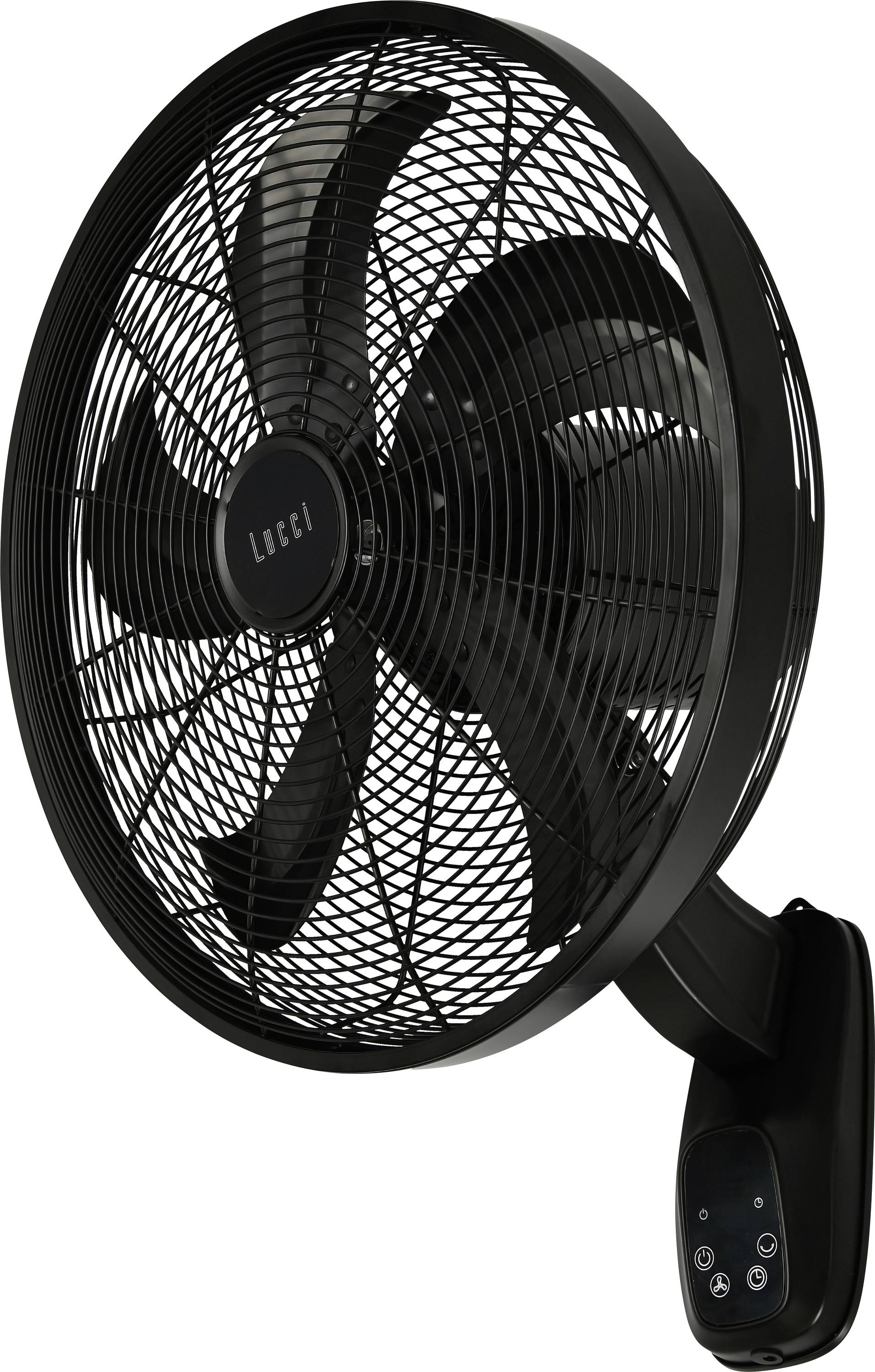 Černý nástěnný elektrický ventilátor s pěti listy a ovládacím panelem na spodní straně, navržený pro ochlazování velkých vnitřních prostor.