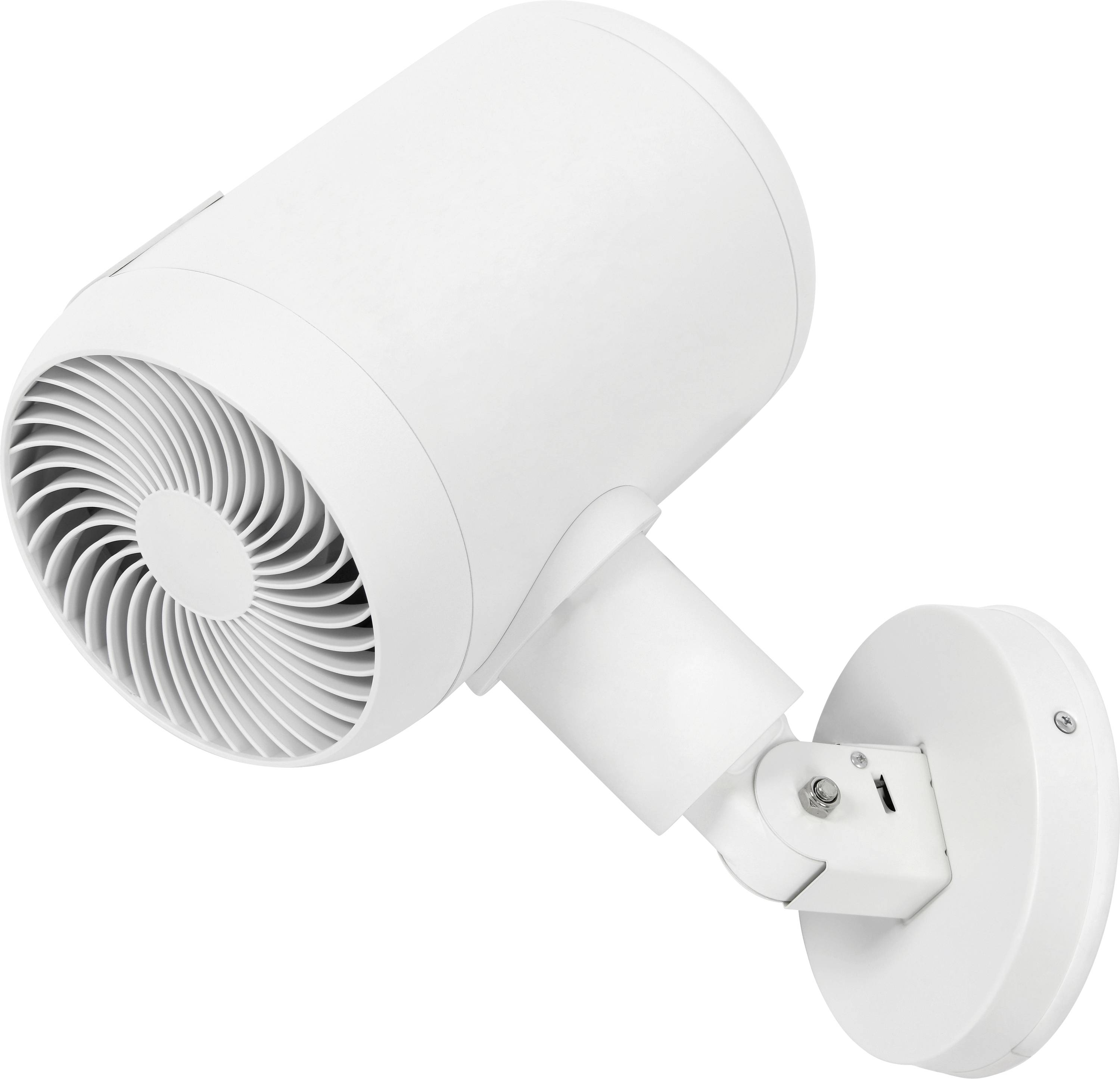 Bílý nástěnný bodový ventilátor s válcovitým designem a nastavitelnou hlavou, vhodný pro cílenou cirkulaci vzduchu v malých prostorech.