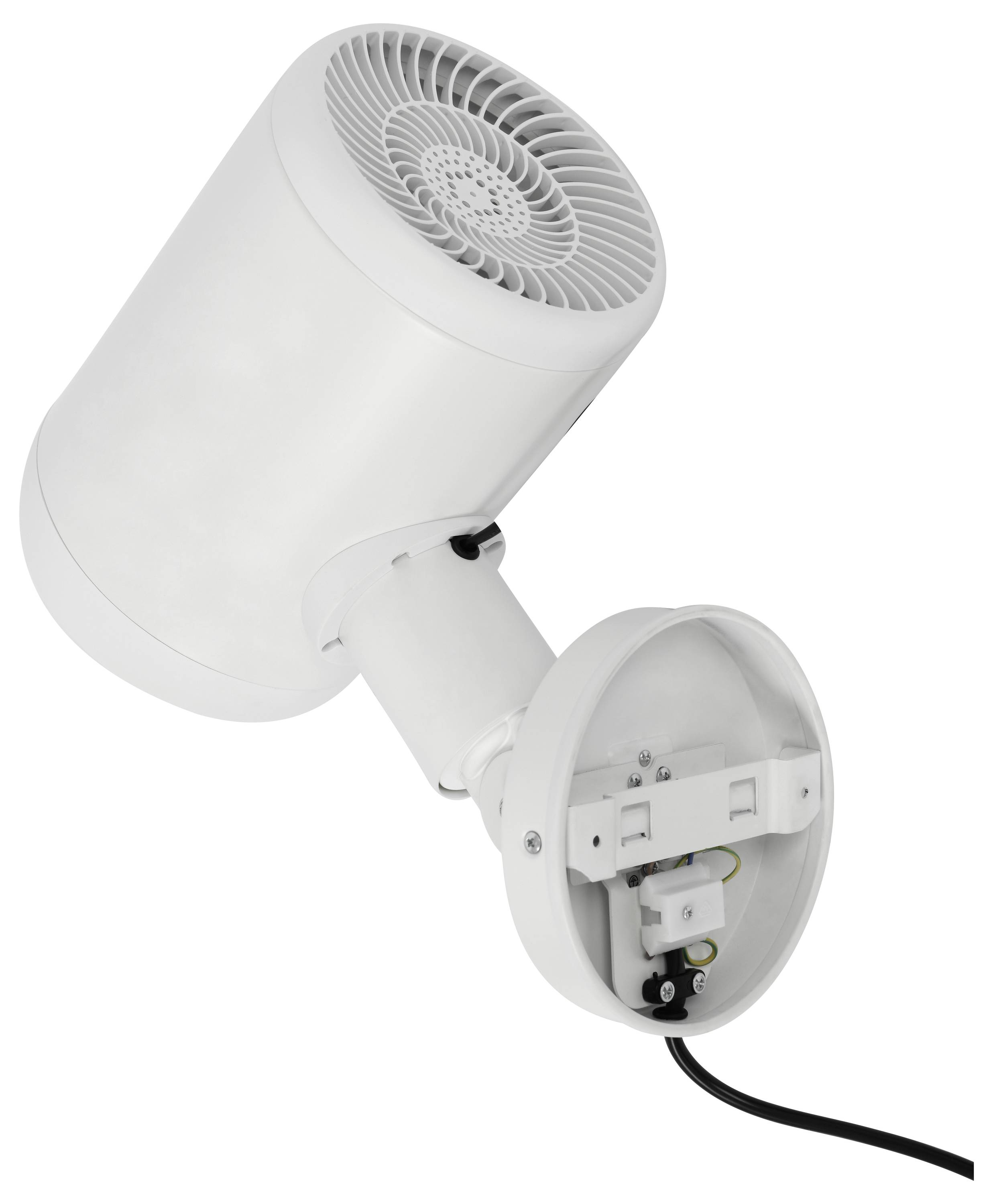 Bílá válcovitá lampa s kruhovým větracím mřížováním a nastavitelným uchycením, pohled z boku zobrazující její připojení a elektrické vedení.