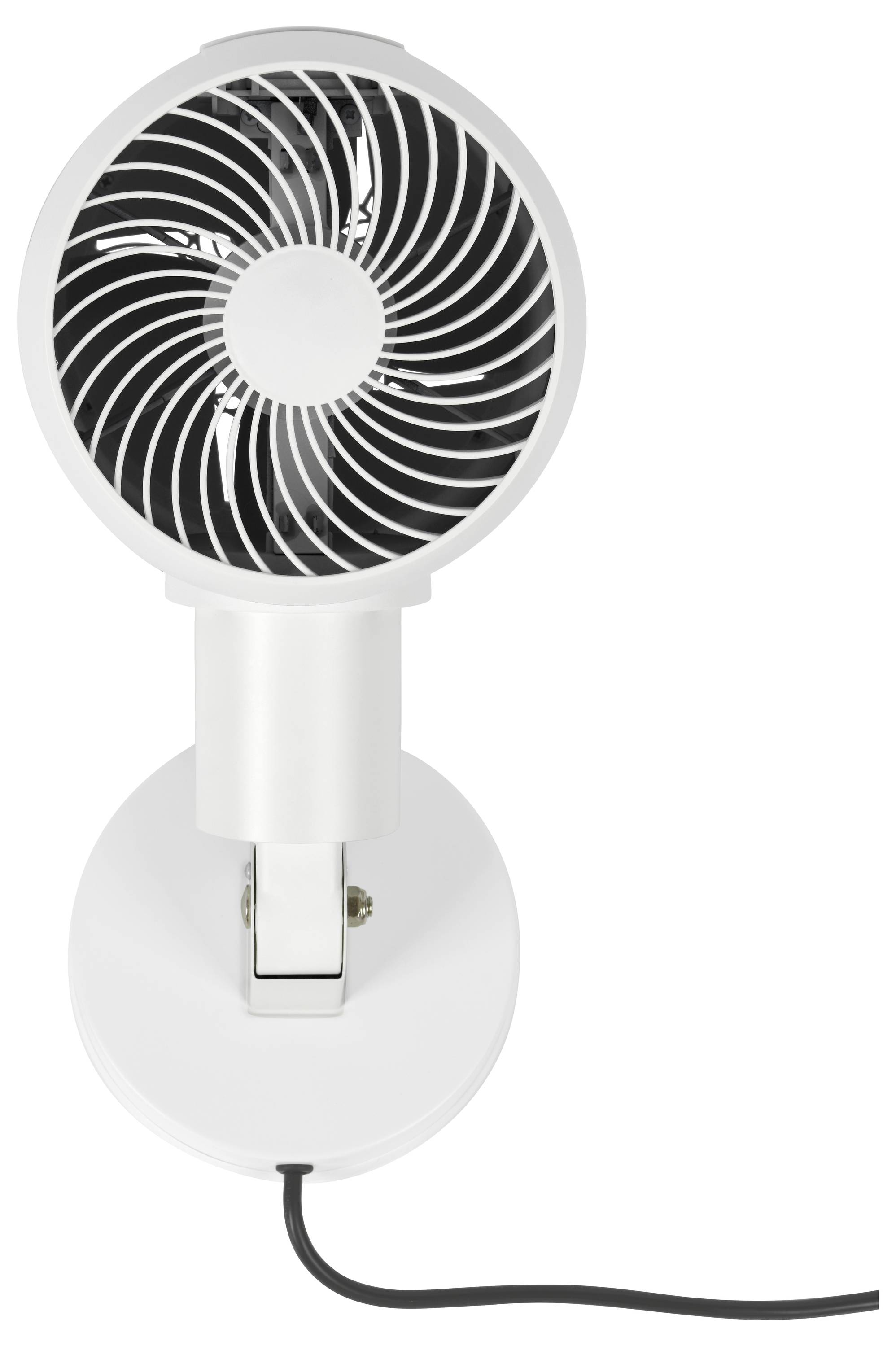 Malý, bílý stolní oscilační ventilátor s křivkovitou mřížkou a napájecím kabelem.