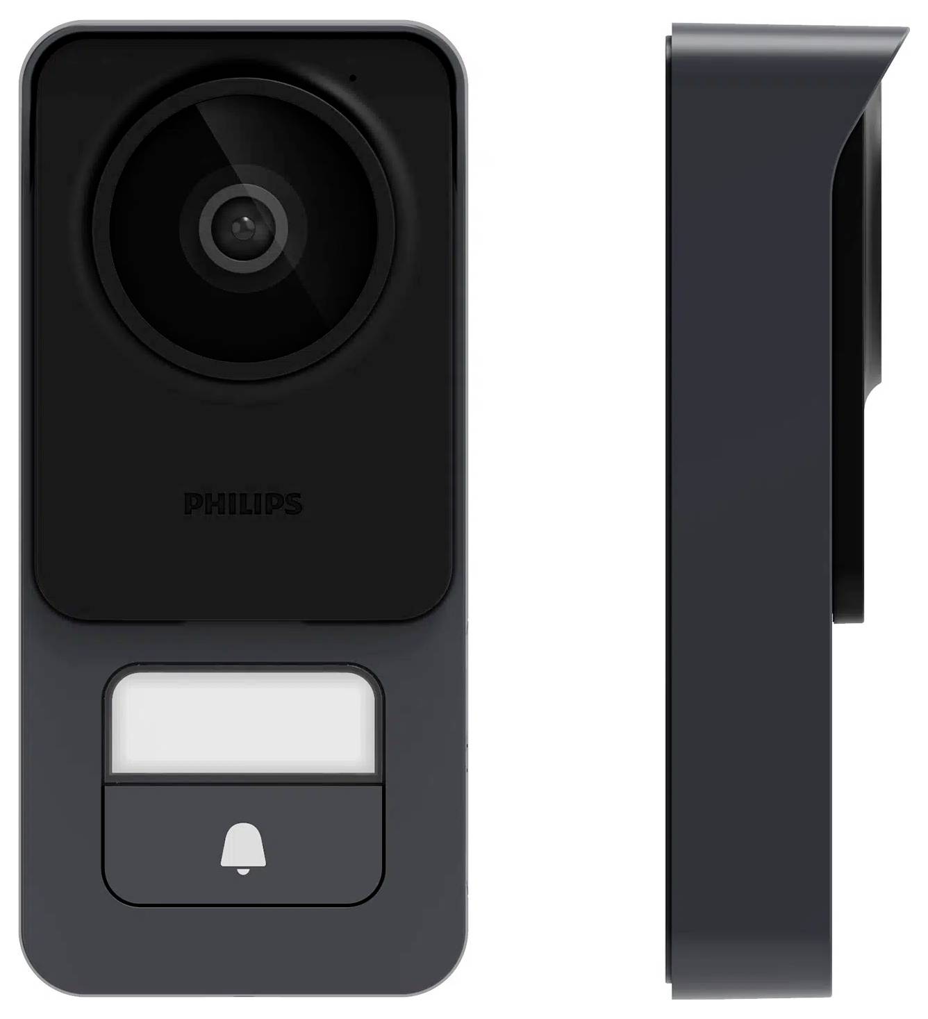 Je zobrazen chytrý zvonek Philips s kamerou, který má objektiv a pod ním tlačítko zvonku. Boční pohled zvýrazňuje jeho štíhlý design.