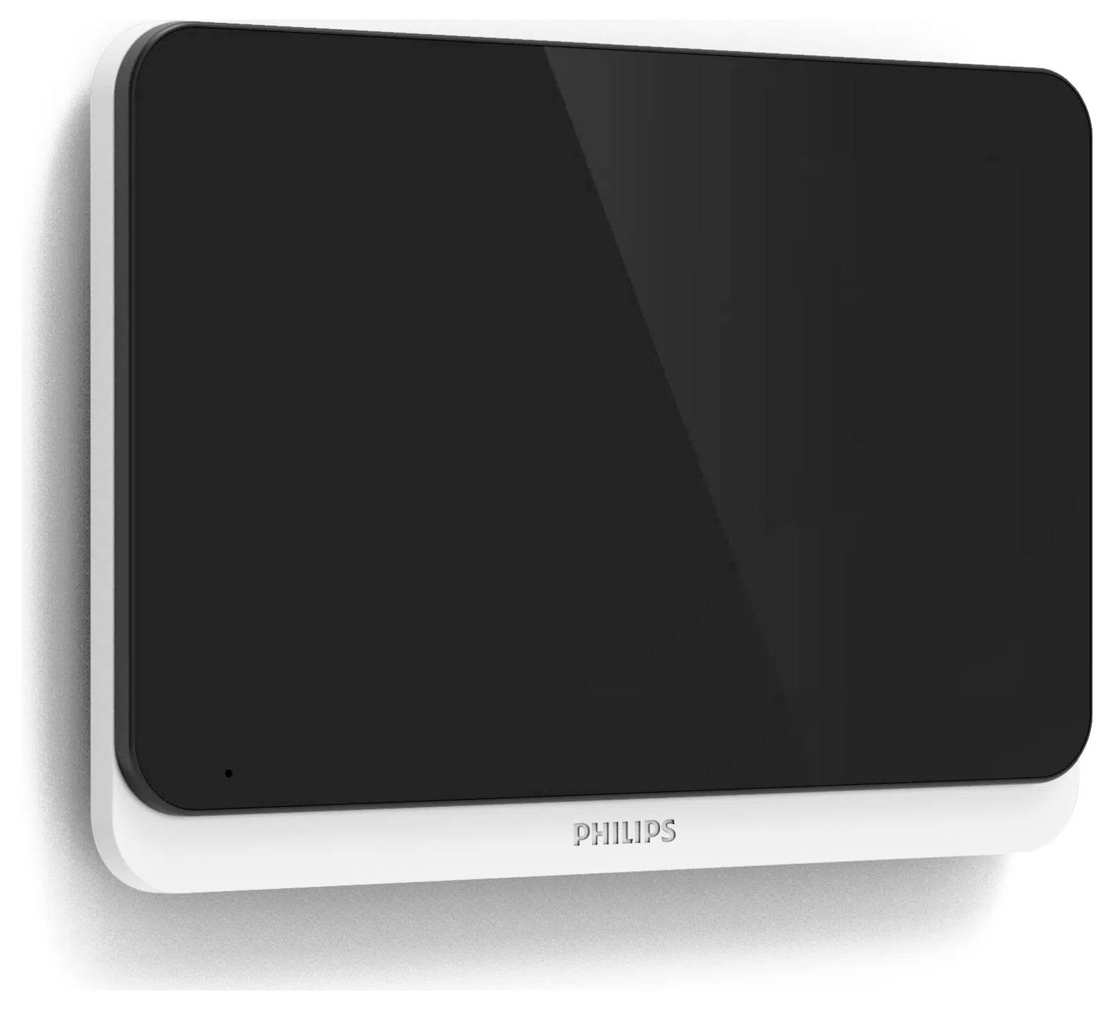 Černobílá plochá digitální televizní anténa Philips, určená pro montáž na stěnu, pohledová perspektiva z úhlu.