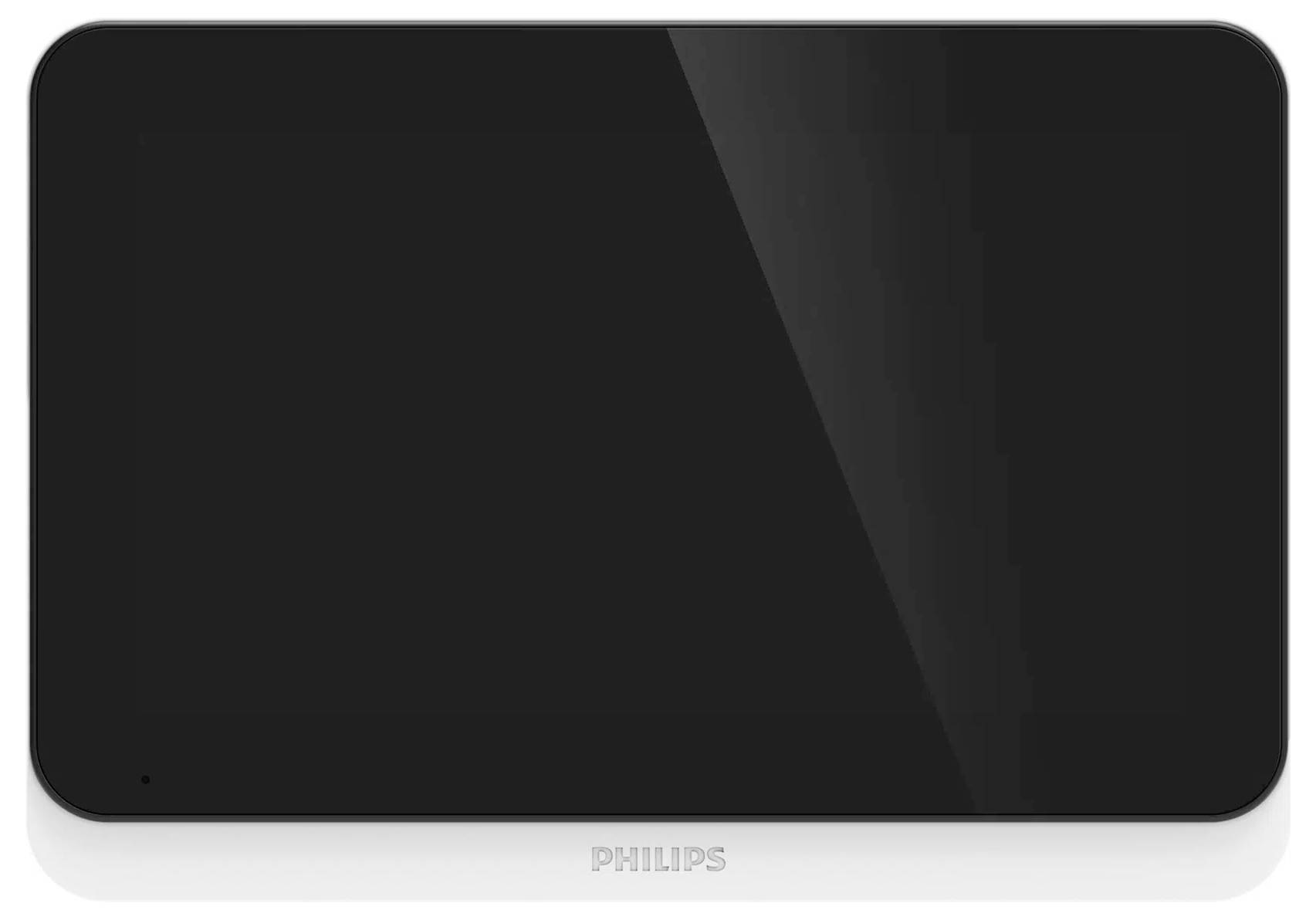 Černé elektronické zařízení Philips, pravděpodobně obrazovka nebo monitor, s minimálním reflexním povrchem, pohled zepředu.