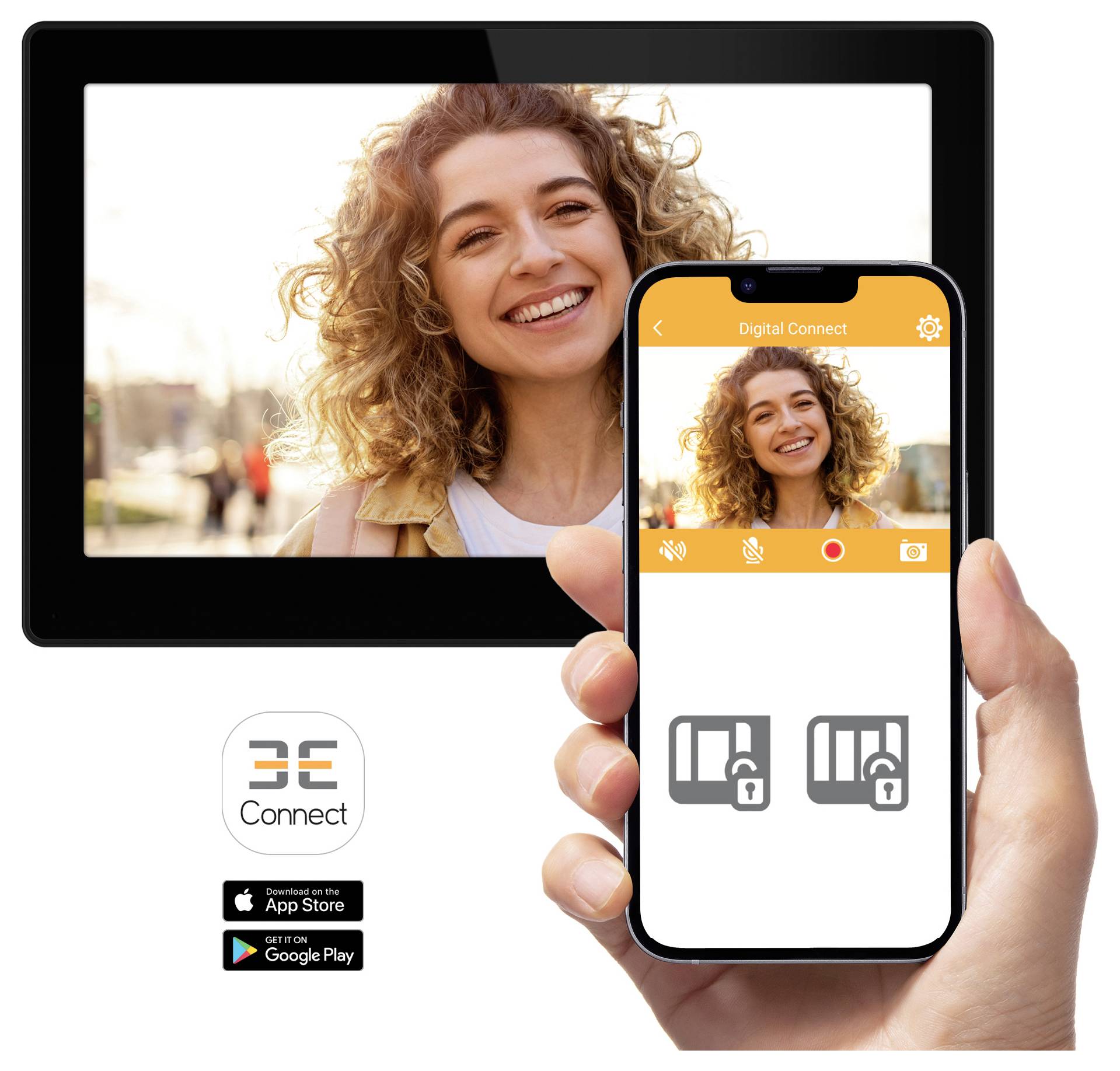 Ruka držící smartphone se zobrazením usmívající se osoby, odrážející se na tabletu v pozadí. Loga indikují dostupné aplikace v App Store a Google Play.