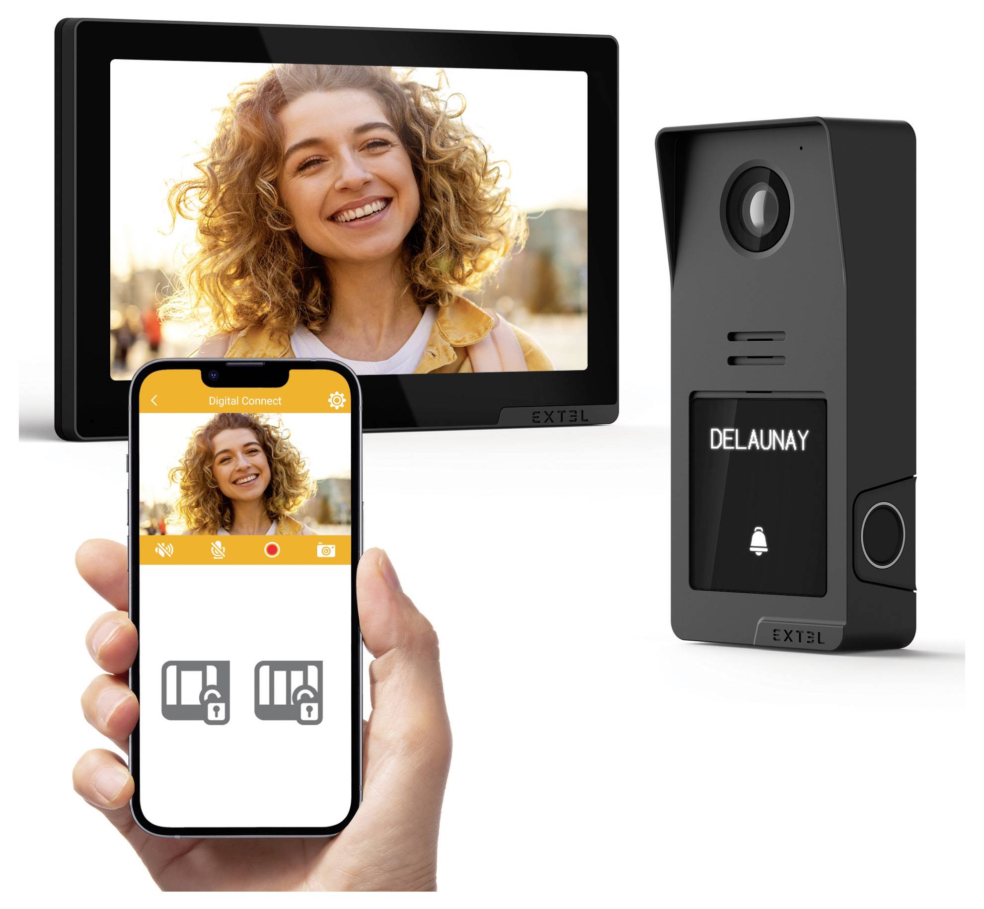 Obrázek zobrazuje videovrátný systém s obrazovkou a smartphonem, který ukazuje usmívající se osobu. Mobilní aplikace zobrazuje ovládací prvky zámku.