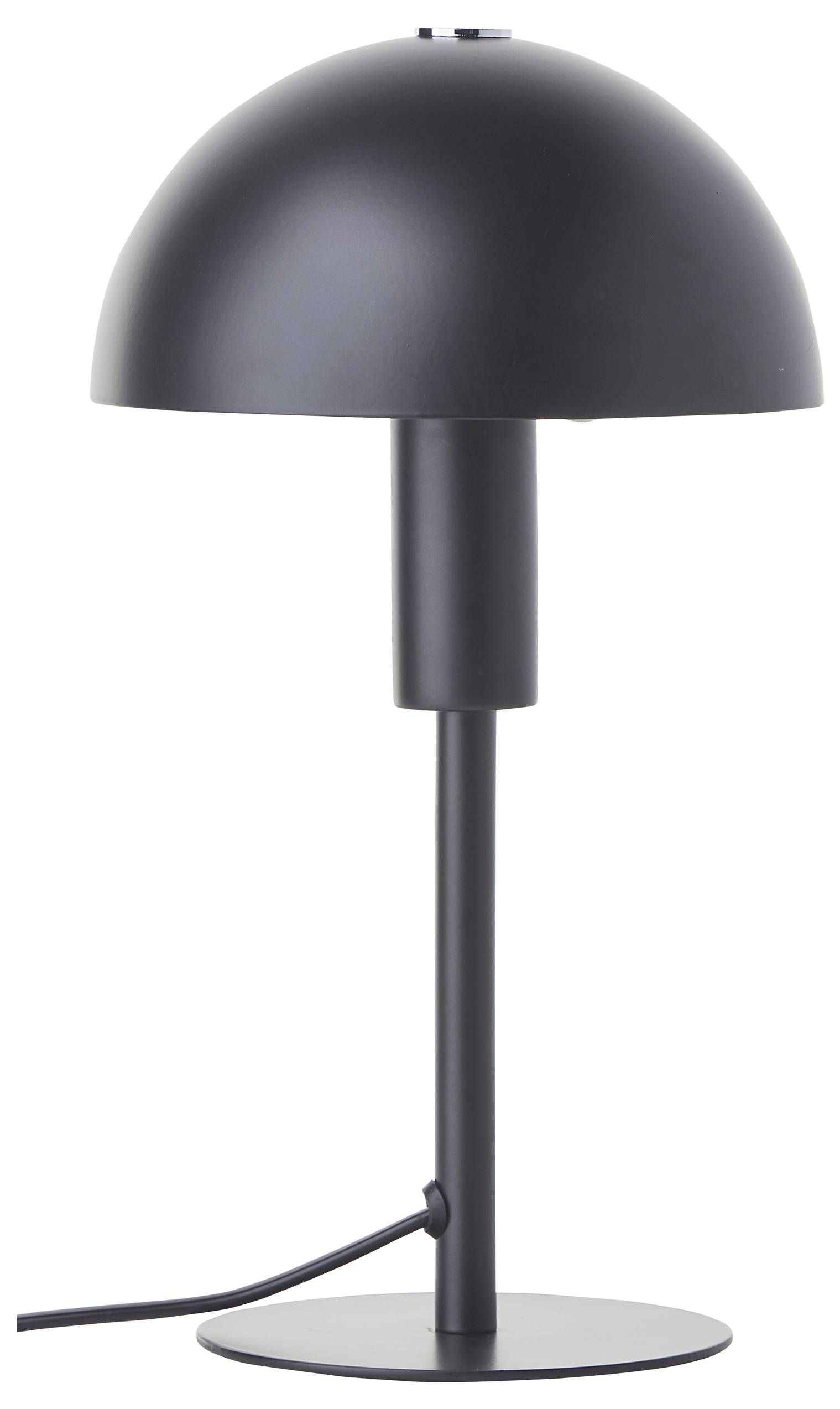 Elegantní, moderní stolní lampa v černé barvě s kopulovitým stínítkem a válcovým podstavcem, ideální pro minimalistický interiérový design.