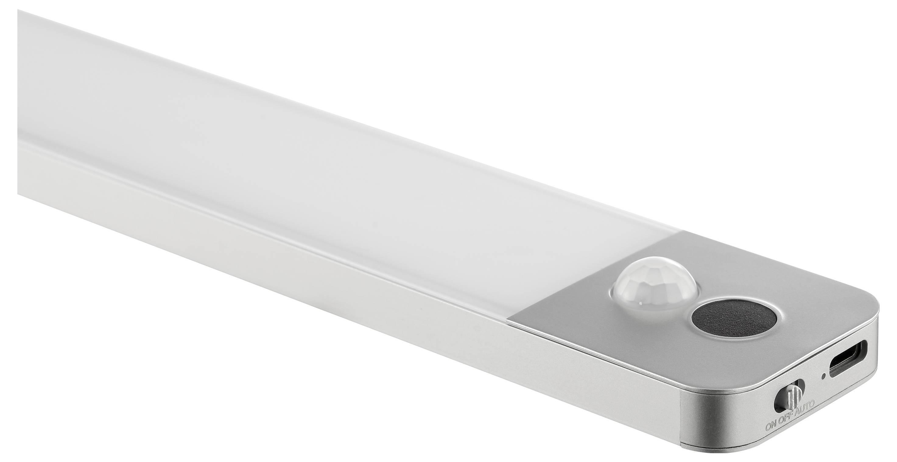 Štíhlý, obdélníkový LED světelný pás s pohybovým senzorem a USB nabíjecím portem, navržený pro snadné upevnění na povrchy.