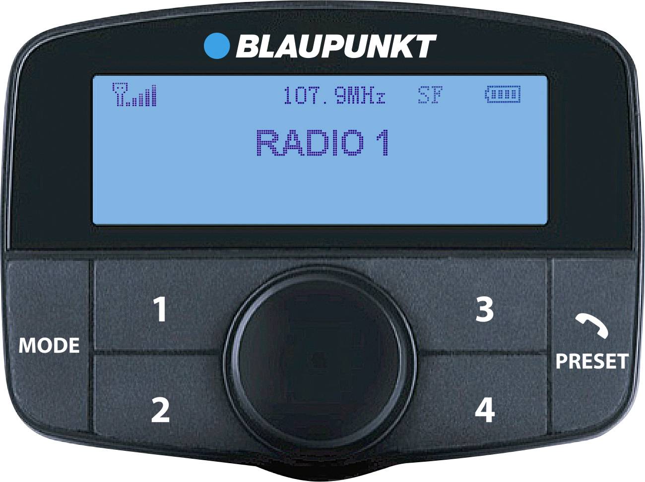 Rozhraní autorádií Blaupunkt zobrazující "RADIO 1" naladěné na "107,9 MHz". Obrazovka zobrazuje indikátor síly signálu a indikátor stereo.