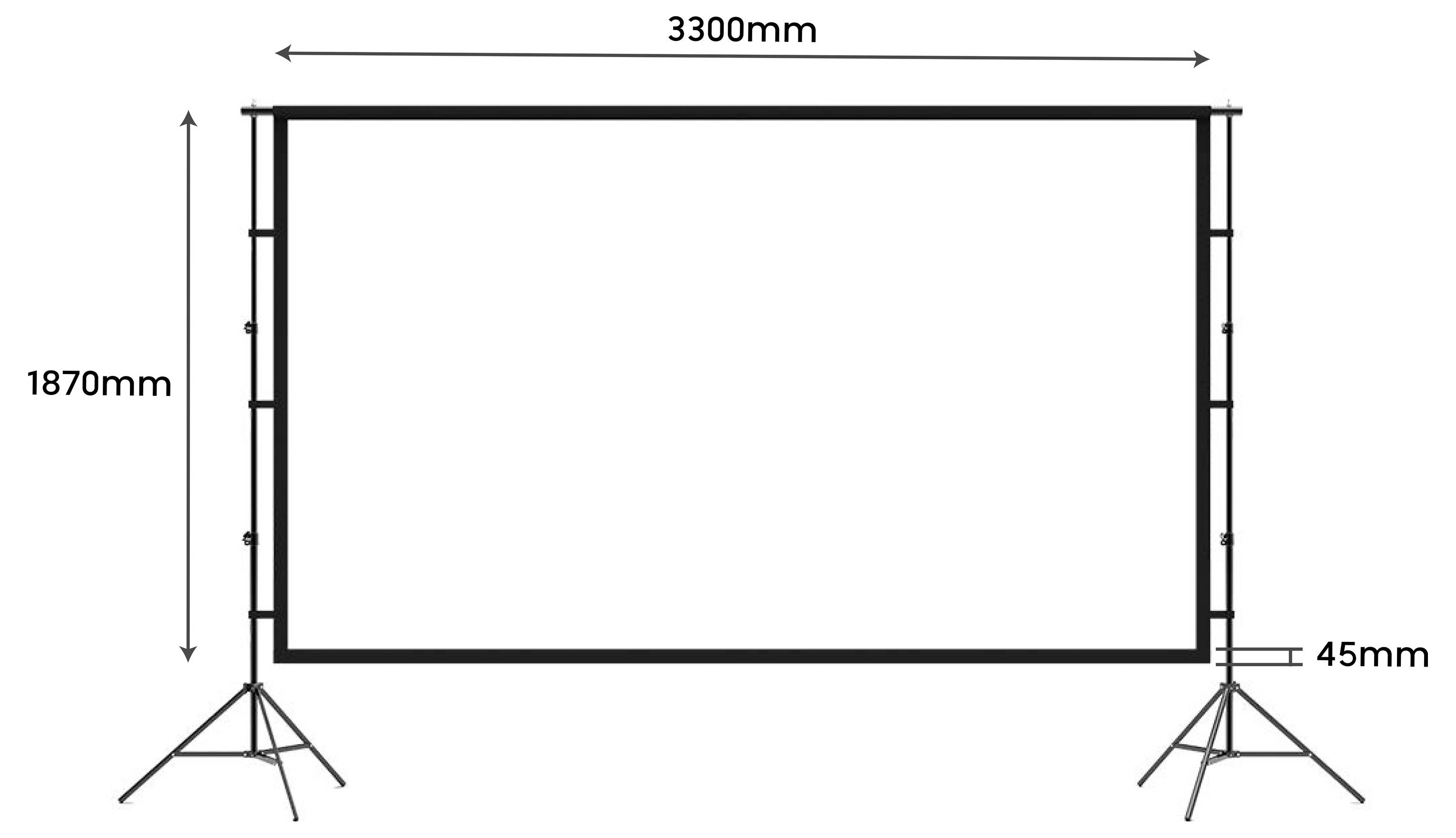 Technický výkres samostatného obdélníkového rámu, 3300 mm široký a 1870 mm vysoký, se základní světlostí 45 mm na nohách stojanu.