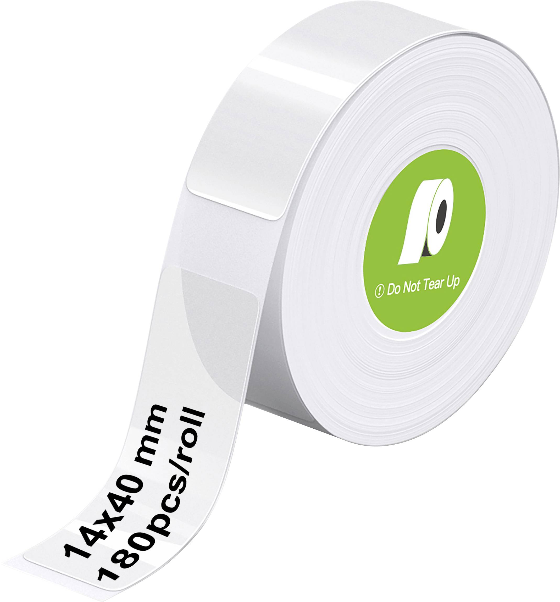 Role bílých samolepicích štítků s textem '14x40 mm 180 ks/role'. Centrální zelená plocha se symbolem 'Netrhat'.