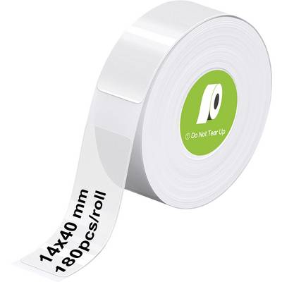 Role bílých samolepicích štítků s textem '14x40 mm 180 ks/role'. Centrální zelená plocha se symbolem 'Netrhat'.
