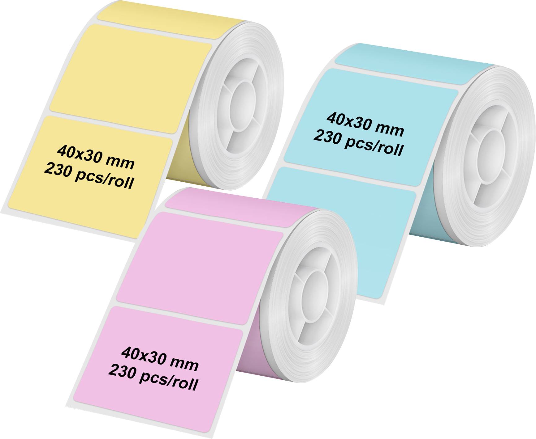 Tři role štítků zobrazující různé barvy: žlutou, modrou a růžovou, každá označená '40x30 mm 230 ks/role'.
