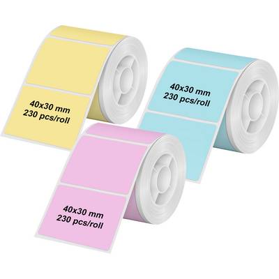 Tři role štítků zobrazující různé barvy: žlutou, modrou a růžovou, každá označená '40x30 mm 230 ks/role'.