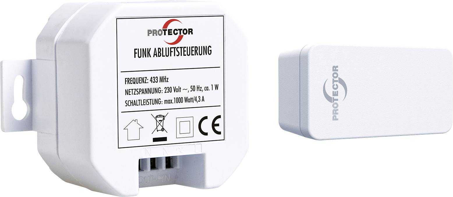 Bílé elektronické zařízení označené „Funk Abluftsteuerung" od společnosti Protector, používané pro řízení ventilace. Zobrazeno s odpovídajícím krytem.