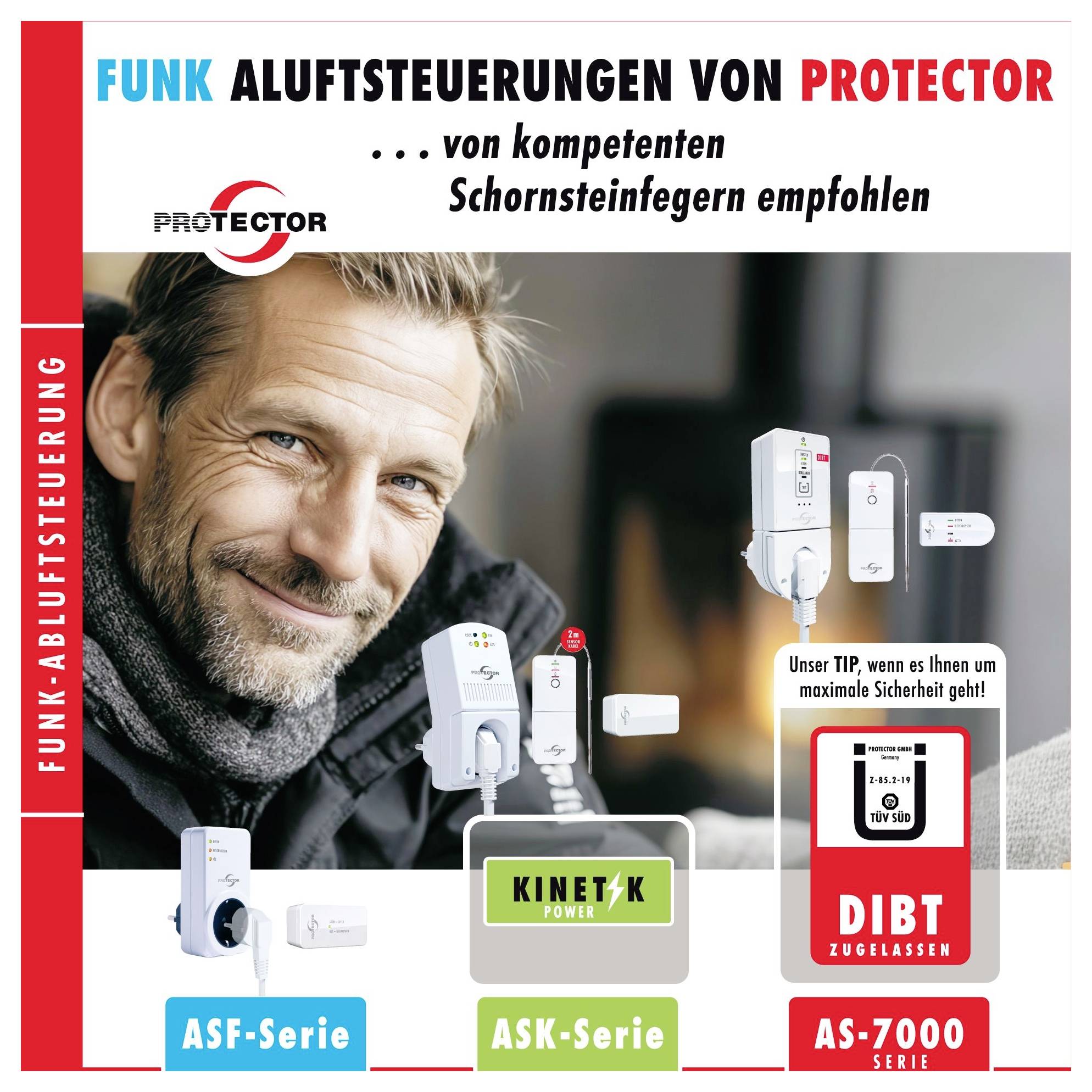 Obrázek propaguje 'Funk Abluftsteuerování od Protectoru' s různými ovládacími zařízeními a usmívající se osobou. Obsahuje typy série: ASF, ASK, AS-7000.