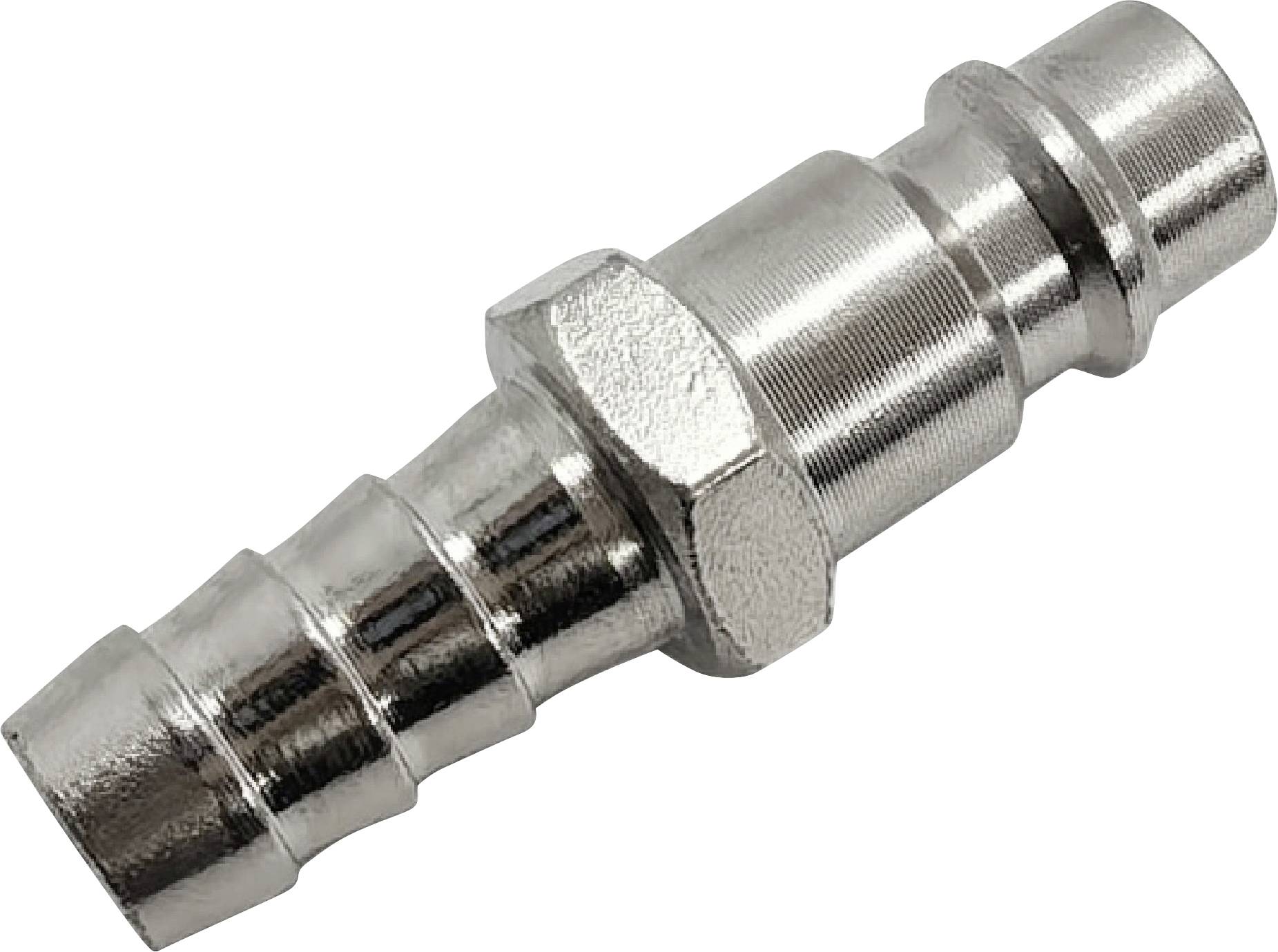 Kovový hadicový konektor se zvlněnými konci pro bezpečné připojení v instalatérských nebo průmyslových zařízeních. Šestihranná středová část pro snadné uchopení.
