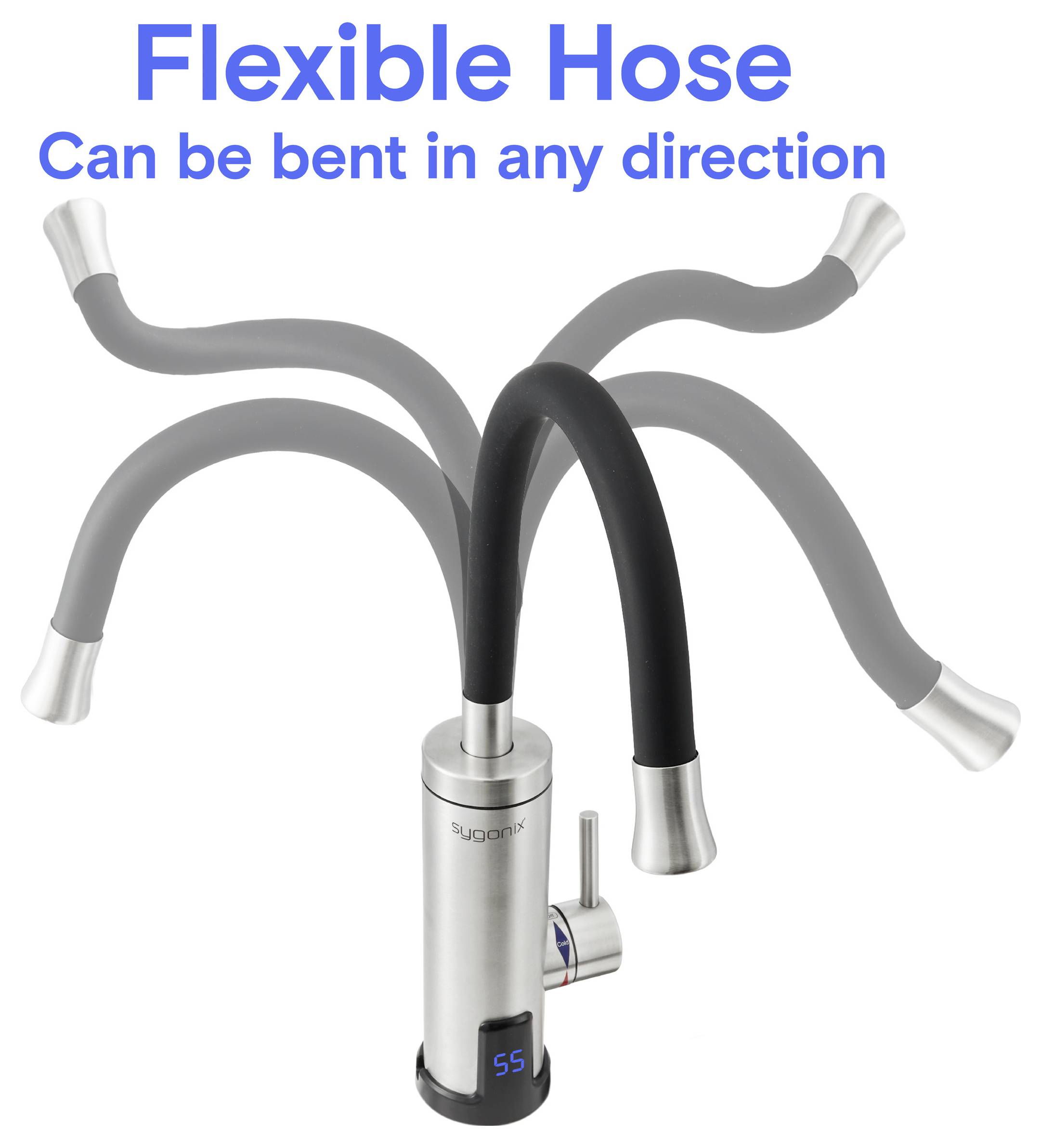 Obrázek produktu flexibilní hadice kohoutku, zobrazující hadici ohnutou v několika směrech s textem „Flexibilní hadice" a „Lze ohýbat v libovolném směru".