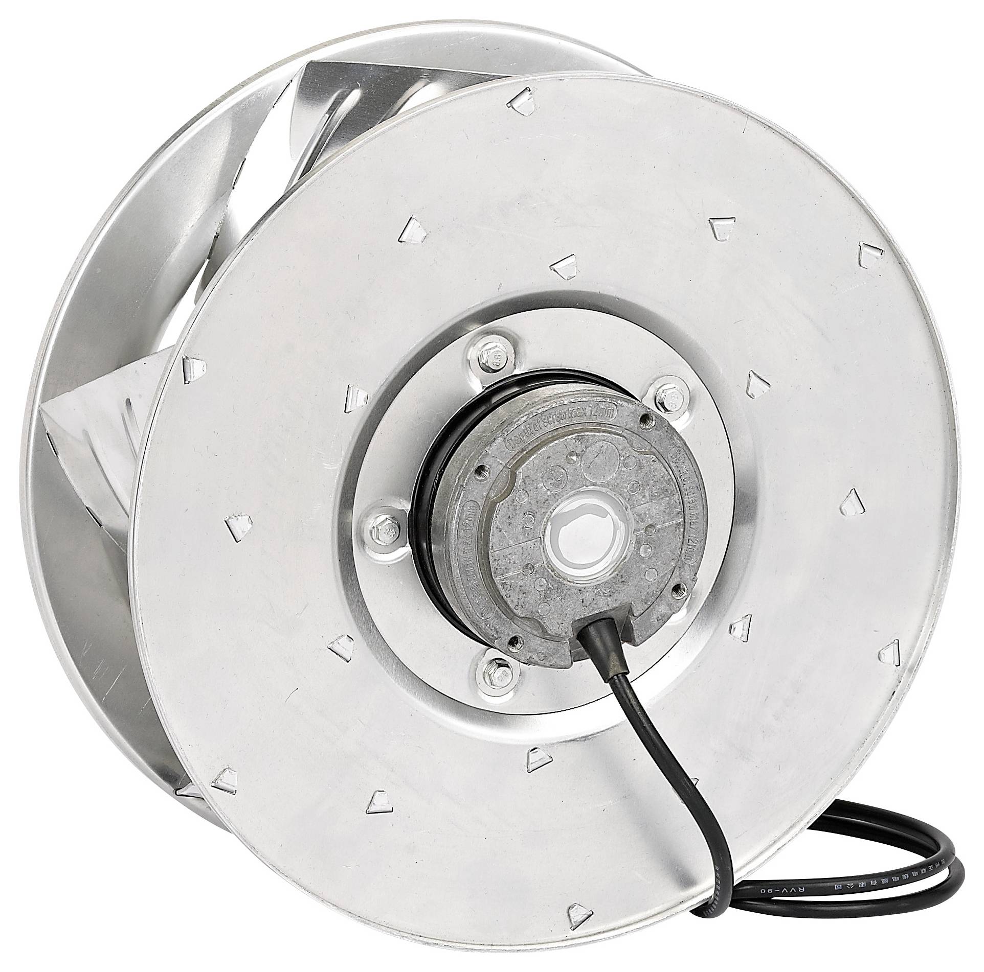 Kovový odstředivý ventilátor s kulatým skříněm a elektrickým vedením, používaný v klimatizačních a ventilačních systémech.