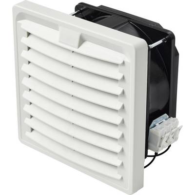 Bílá žaluzijová ventilační mřížka s černým ventilátorem a viditelnými elektrickými vodiči za ní, běžně používaná pro cirkulaci vzduchu v elektronických skříních.